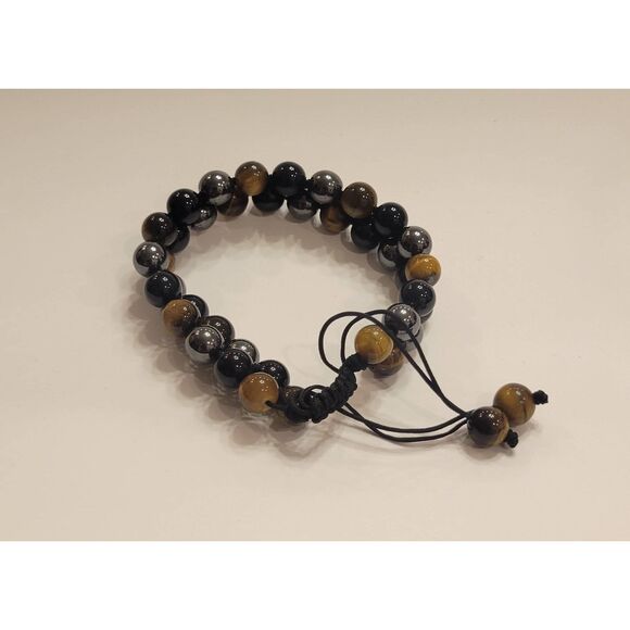 Healing Bracelet Smooth Beaded Adjustable 8mm Black/Yellow/Gray - Picture 2 of 3